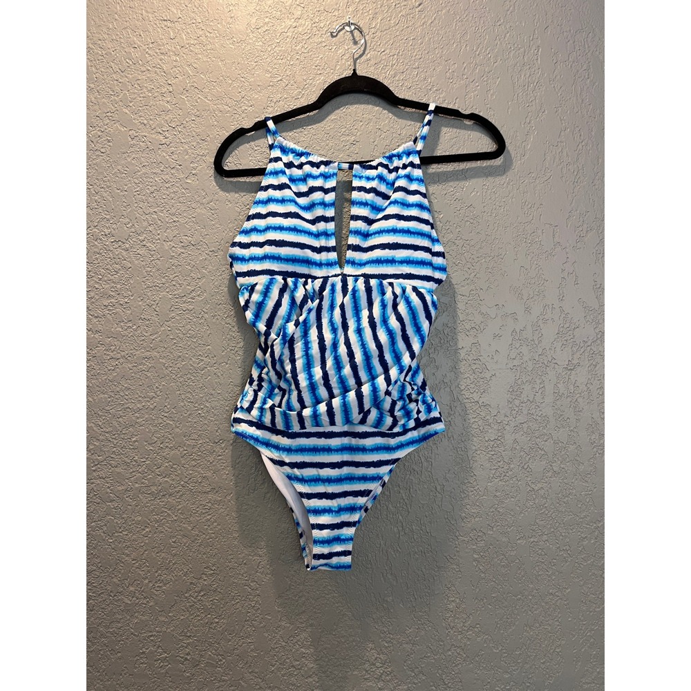 Cupshe Blue White Striped‎ One Piece Swimsuit Ruched High Neck Women's